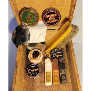 Vintage Wooden Dove-Tailed Shoe Shine Shining Box Foot Rest with Brush & Polish